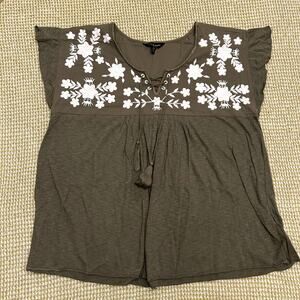 Lucky Brand Women´s Bohemian White Embroidered Olive Blouse Size S